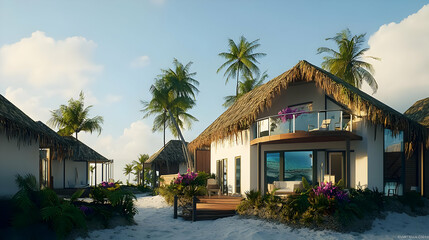 Fototapeta premium Luxury Tropical Beachfront Bungalows With Palm Trees And White Sand Under A Sunny Blue Sky