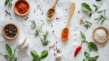 An artful arrangement of vibrant spices, fresh herbs, and aromatic ingredients on a textured surface, inviting the creation of flavorful dishes