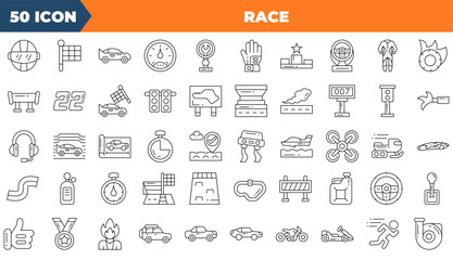 Race icon set. Containing car, rally, flag,and more. Line vector icons collection.