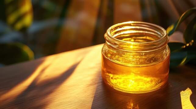 A pristine glass jar, its golden hue reflecting the soft glow of a sunbeam, stood majestically on a transparent backdrop, showcasing the golden elixir of pure coconut oil within its depths, ready to