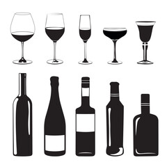 Wine and Liquor Bottle Silhouettes with Glasses – Black and White Vector Illustration, featuring silhouettes of various wine glasses, champagne flutes, cocktail glasses, and liquor bottles