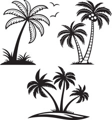 Fototapeta premium Tropical Paradise Silhouettes: A collection of meticulously crafted palm tree silhouettes, each showcasing unique details and variations, evokes the essence of tropical landscapes and vacation dreams.