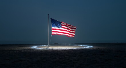 Fototapeta premium Illuminated American Flag Display on Dark Sandy Shore at Night