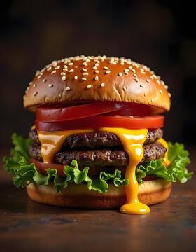 owering Bacon Cheeseburger with Melted Cheese, Fresh Veggies, and Sizzling Beef