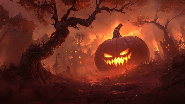 A glowing jack o lantern resides in a haunted forest setting