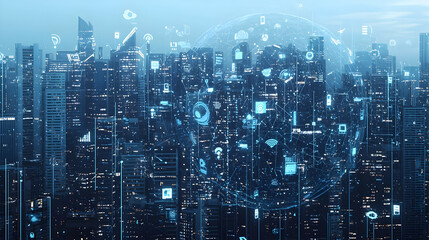 Obraz premium Futuristic Smart City at Night Illuminated by Digital Network Connections and Data Flow Across Buildings
