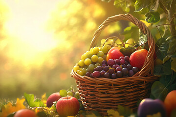 Vibrant harvest basket filled with apples and grapes in an autumn garden
