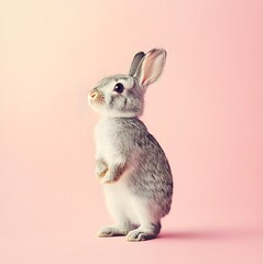 A beautiful rabbit standing on a pastel pink background.