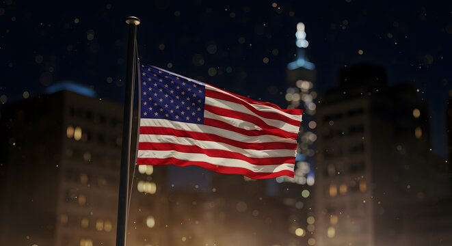 American flag waving proudly in the night sky with cityscape view