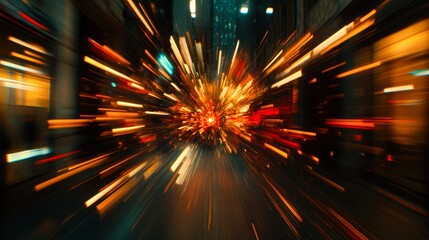 A dynamic city scene featuring streaks of light and color, conveying a sense of motion and energy, Ideal for use in advertising or media related to speed, technology, or urban lifestyle,