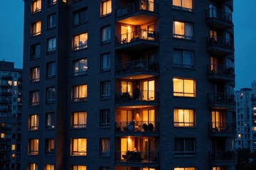 Warm window lights illuminate a modern city apartment building at night , warmth, windows, high-rise