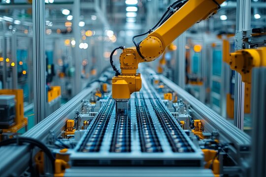 A yellow robotic arm over an assembly line in a factory