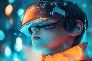Young boy immersed in virtual reality with vibrant lights in the background