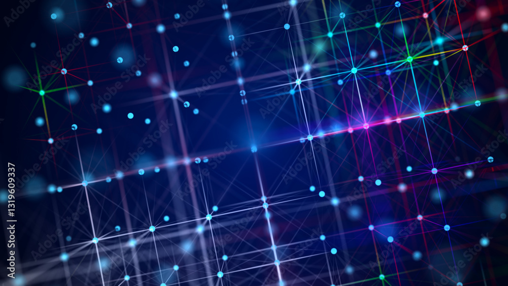 Poster Information storage cells. Abstract background with dots and lines. Network connection structure. Big data digital background. 3D rendering.