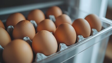 Durable Freshness Preservation, Organized Eggs in a Transparent Refrigerator Drawer with Copy Space