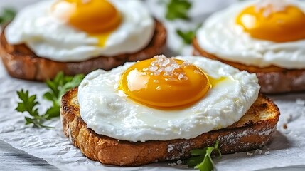 Soft Meal Preparation, Poached Egg on Crispy Toast with Flaky Sea Salt - Close-Up of Textural Details