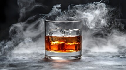 Alcoholic Classic Recipe, Smokey Whiskey Glass with Swirling Mist and Frozen Realism