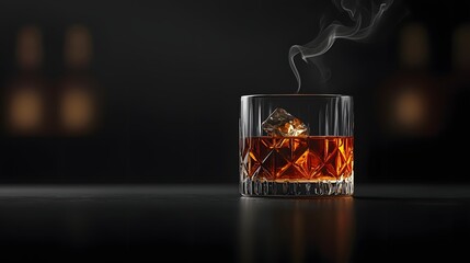 Alcoholic Classic Recipe, Smoky Glass of Sophisticated Bourbon Drink on Reflective Dark Background