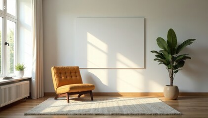 Spacious living room, large empty poster, sunlight through window, bright, interior