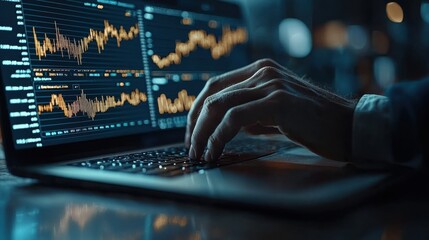 Close-up of a hand typing on a laptop with data graphs on screen.