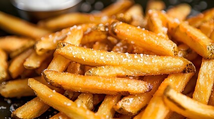 Pile of golden, crispy french fries with light salt sprinkle, selective focus, copy space