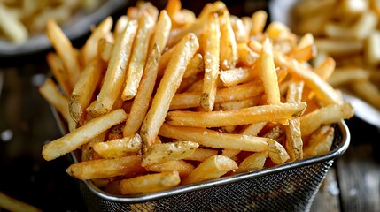 Delicious Golden French Fries Stacked in a Metal Basket on a Rustic Table Setting