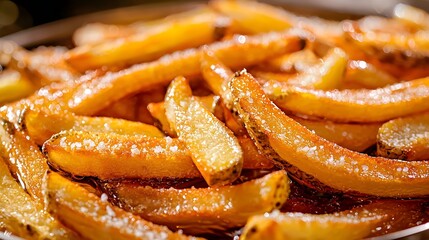 Freshly Fried Golden Salted French Fries in Warm Glow with Copy Space