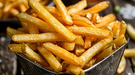 Freshly Fried Golden French Fries in a Metal Basket on a Rustic Table Setting