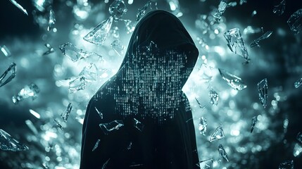 Hooded Figure Shrouded in Shattered Glass and Digital Projections