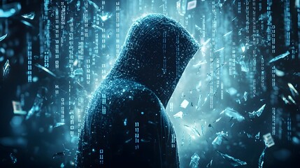 Mysterious Hooded Figure Surrounded by Shattered Glass and Digital Projections