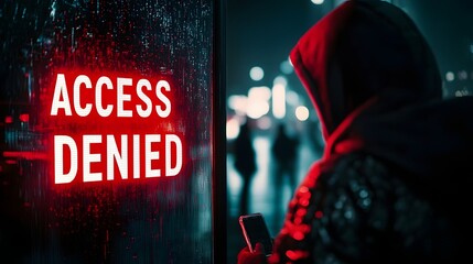 Glowing Red "ACCESS DENIED" Warning Overlaying Hooded Silhouette, Symbolizing Thwarted Hacking Attempt
