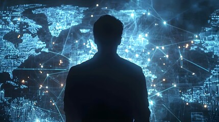Shadowy Figure Navigating Digital Map of Breached Cyber Systems