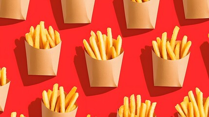 Vibrant and Repeating Pattern of Crispy French Fries in Paper Bags on Bold Red Background