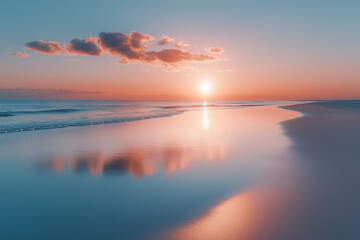 Obraz premium Stunning coastal landscape at sunset or sunrise with bright reflections in the sea and beautiful clouds, beautiful sky, seascape, composite background, desktop wallpaper