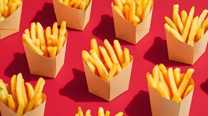 Crispy French Fries in Kraft Wraps Scattered on Crimson Background
