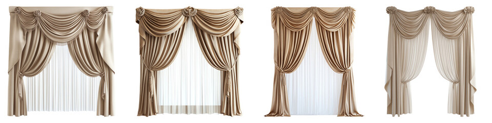Beige luxury curtain Isolated on transparent background, PNG, Set of