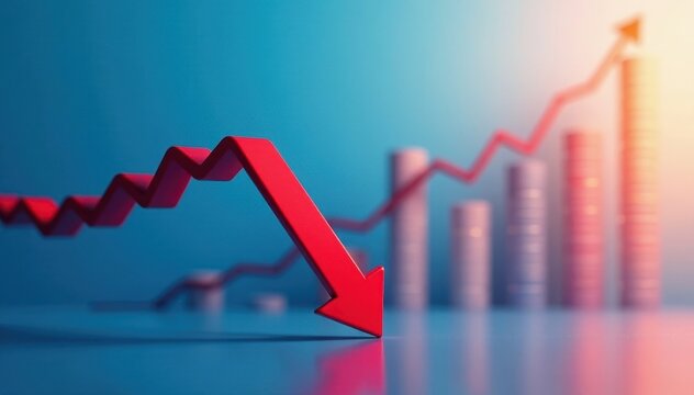 Chart with red downward arrow on blue background Illustrates falling business profits , red, decrease
