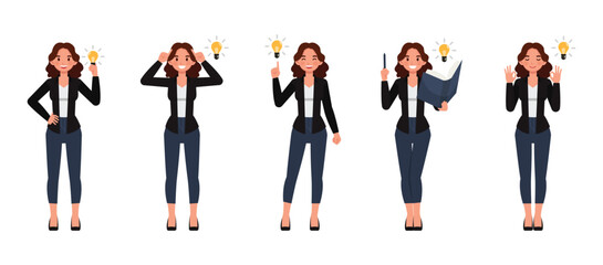 Obraz premium Business woman wear black shirt, long brown curly hair character vector illustration design set. Women having idea.