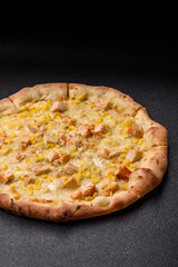 Hawaiian pizza with chicken, pineapple, corn and cheese
