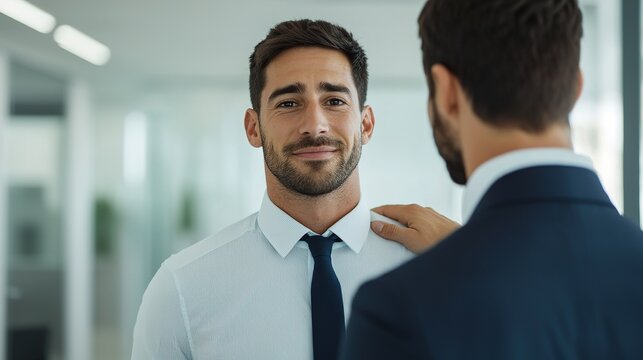 Businessman offers comfort in sleek office environment professional interaction modern atmosphere positive vibe