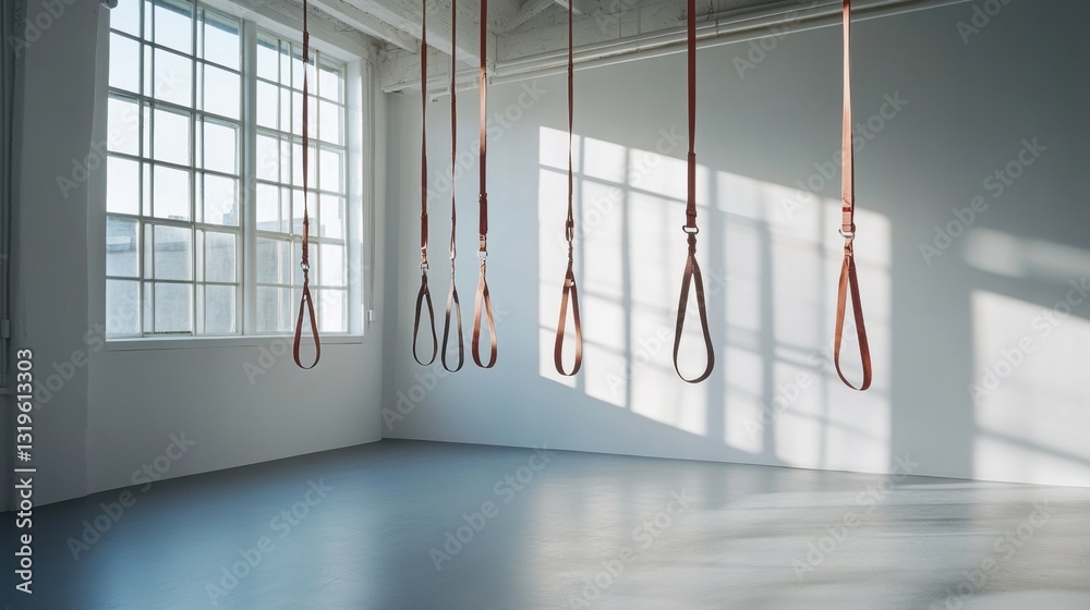 Poster minimal fitness straps create geometric balance in a bright workout space suitable for dynamic exerc