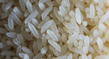 Closeup of uncooked white rice grains filling the frame with texture