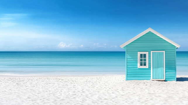 Serene seascape with turquoise shack on empty sandy beach and calm ocean waves. Banner for travel, vacation, escape themes