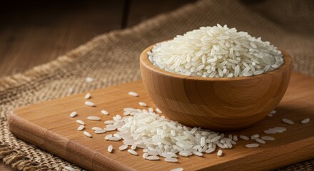 Rice in Bowl on Wooden Board Still Life Food Photography