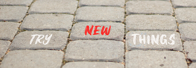 Try new things symbol. Concept words Try new things on beautiful grey road break. Beautiful grey road break background. Business motivational lifestyle try new things concept. Copy space.