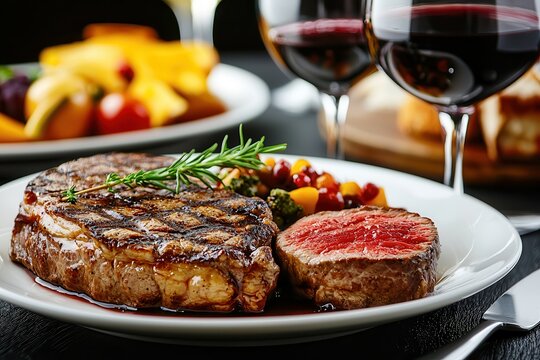 Luxury cruises comfort dining experience. Juicy steak served with wine and colorful vegetables on a plate. - Powered by Adobe