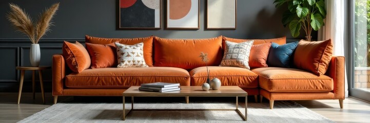 Velvet sofa, low coffee table, geometric pillows Sophisticated living room style , pattern, sophisticated