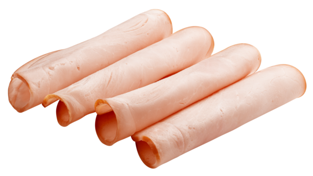 Ham slices, isolated on white background, full depth of field