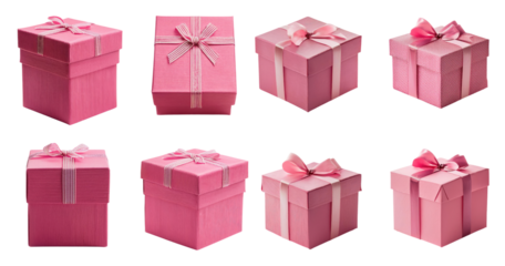 Collection of Elegant Pink Gift Boxes with Ribbons and Bows, PNG bundle collection, Isolated on Transparent Background