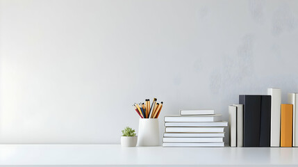 Bright White Minimalist Home Office Desk With Pencils Books and Plants Decor on Empty White Table in Contemporary Workspace